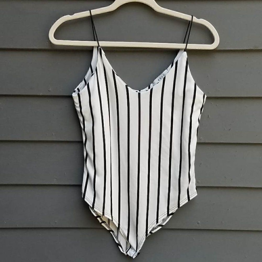 Gaze Black White Striped Body Suit Top Size Medium